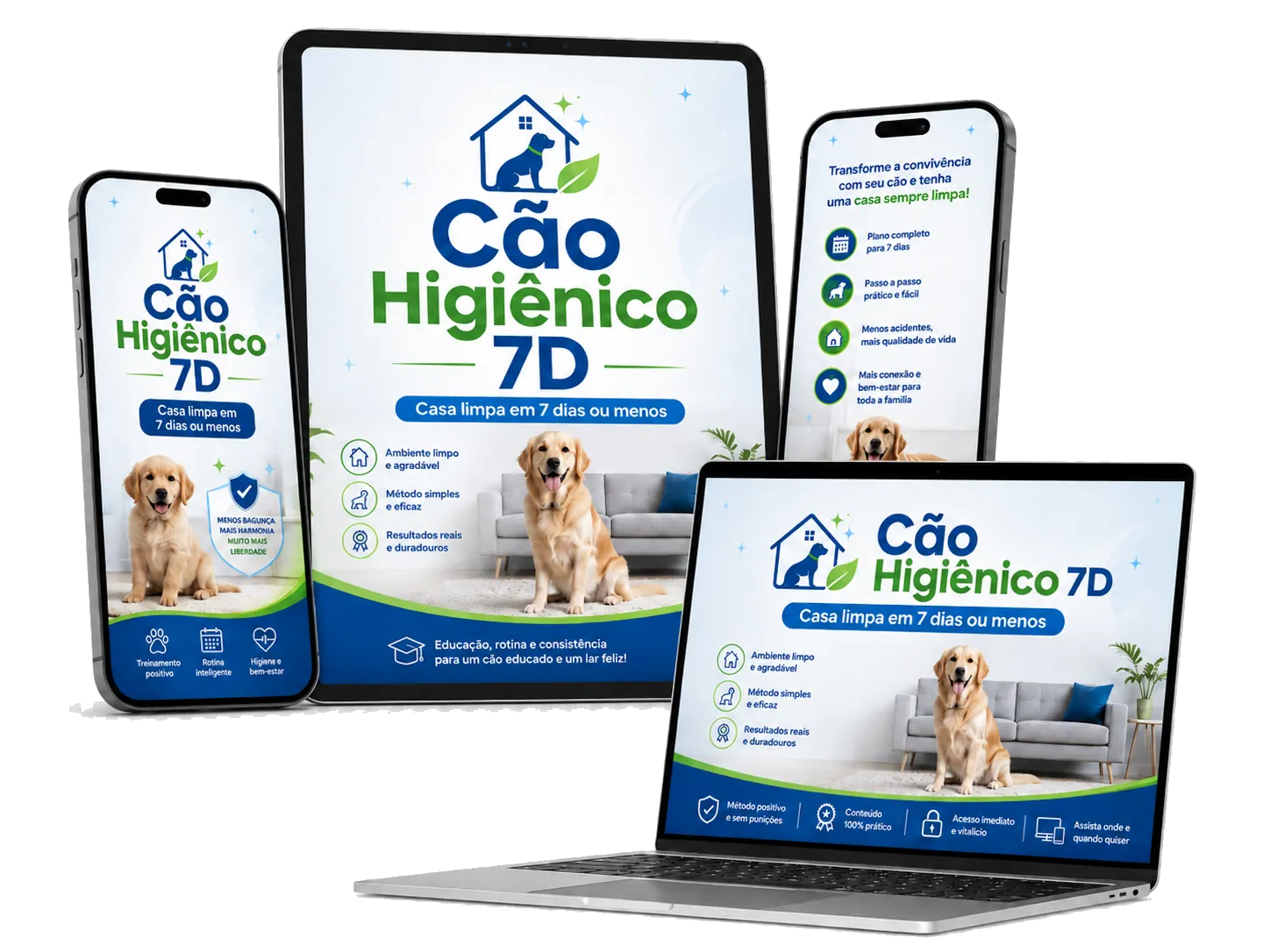 Mockup do Cão Higiênico 7D com celular, tablet e notebook